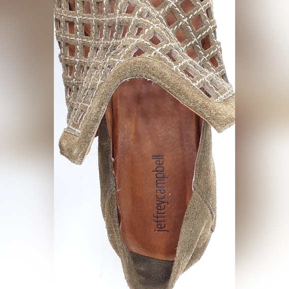 Jeffrey Campbell Taggart Olive Green Suede Cutout Stacked Heel Booties. - Picture 13 of 16